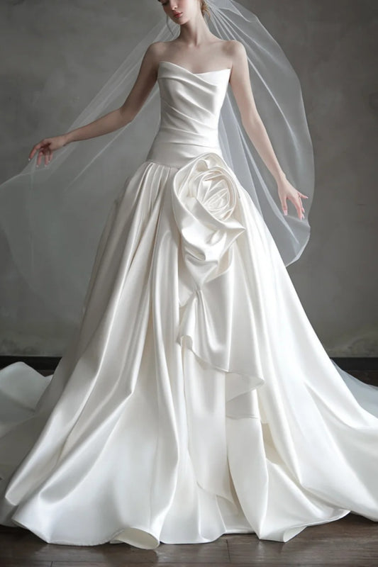Bridal Favorite! Elegant Satin Strapless Wedding Dress 3D Flower Train Gown gh7010