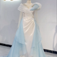 Light Blue And White Color Block Waist-Cinched Long Evening Dress, Fairy Gown, Romantic Gown gh7382