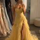 Yellow Strapless Dress with Boned Bodice, Waist-Cinched, Slit Skirt, Elegant Prom & Evening Gown gh7292