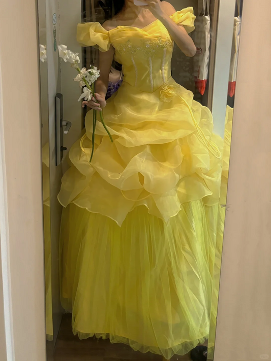 Yellow Puff Sleeve Romantic Gown, Cinched Waist, Voluminous Princess Skirt, Wedding Dress & Bridal Gown gh8174