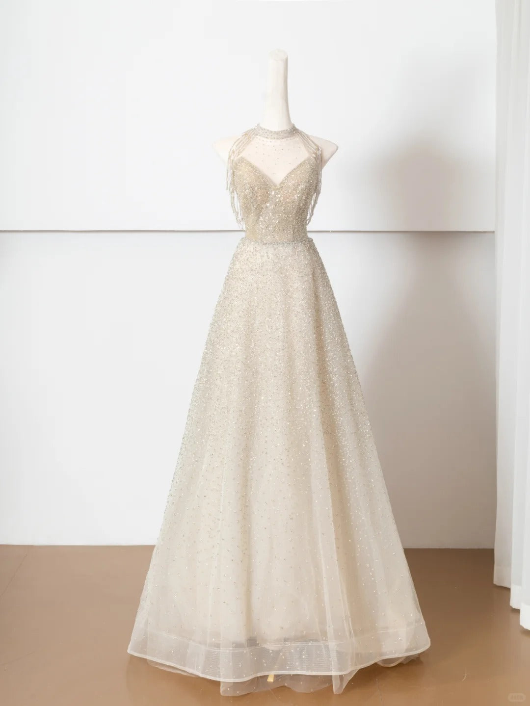 Robe de soirée longue en tulle, élégante et brillante, couleur champagne doré, gh4870