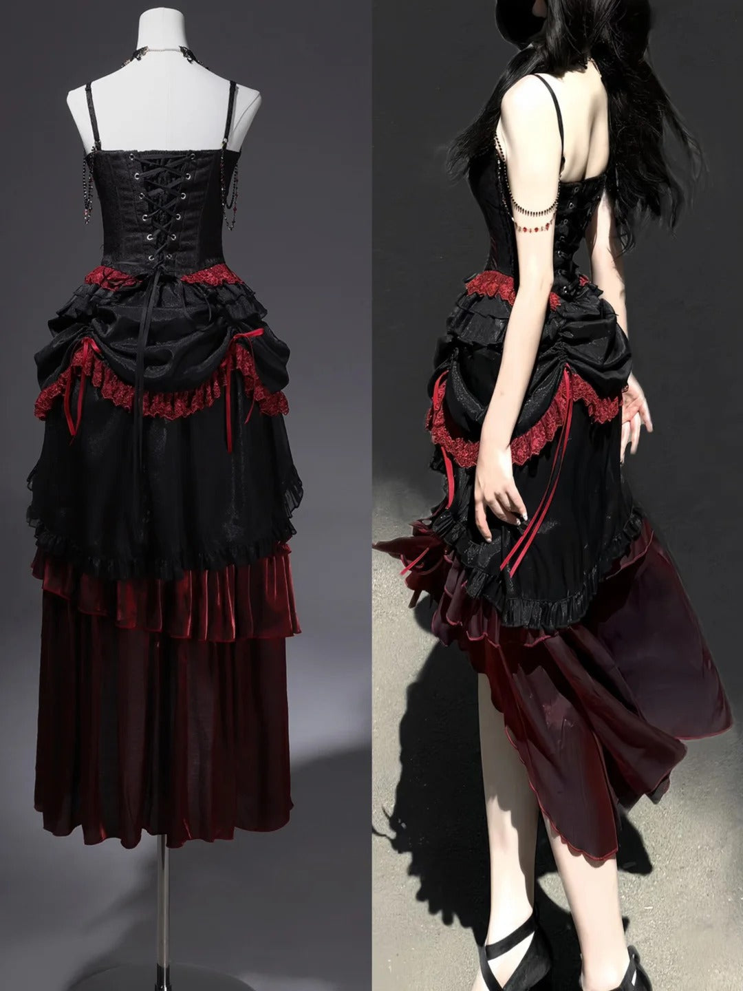 Girlhomeshops-Black red elegant long corset tulle prom dress evening gown gh5345