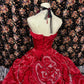 Rotes langes Ballkleid-Abendkleid aus Satin mit Blumenmuster und Perlen gh4768