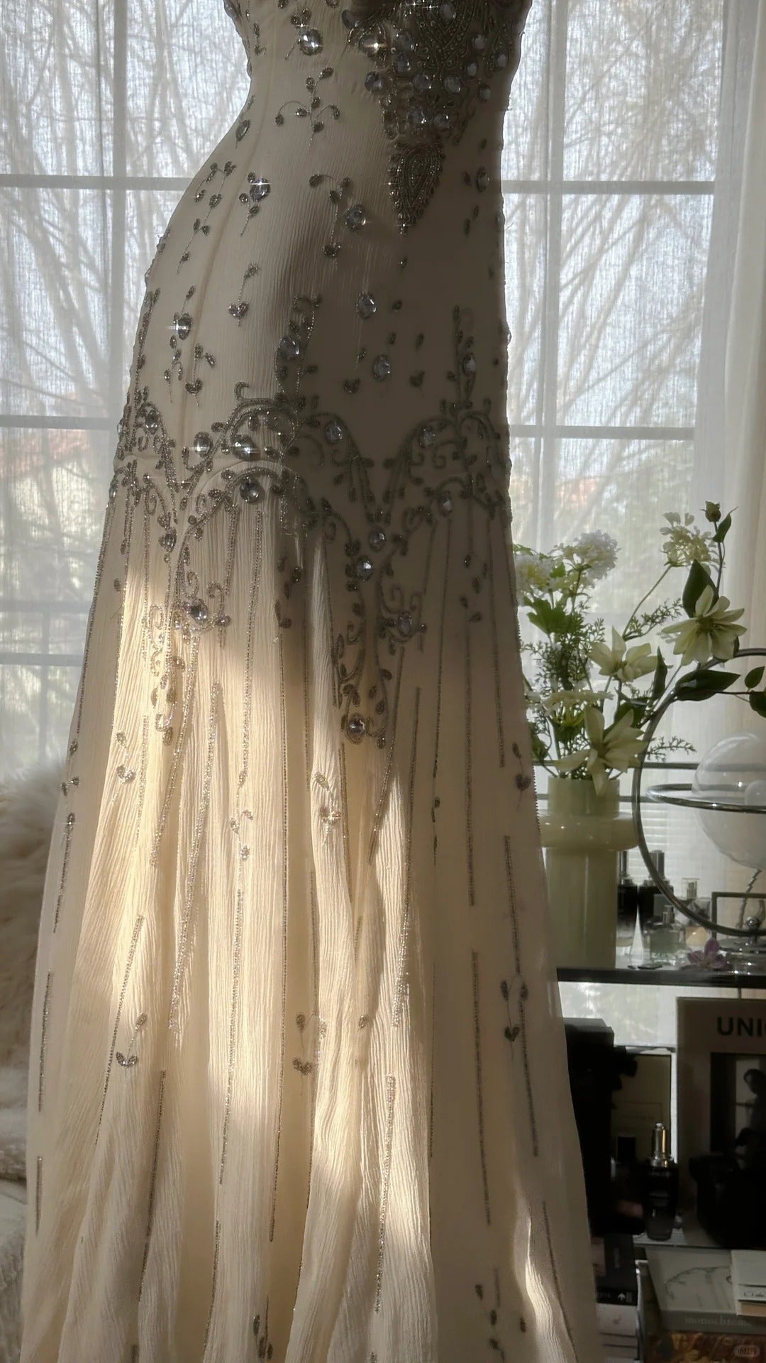 Elfenbeinfarbenes Vintage-Kleid, elegant, glänzend, exquisite Strass-Perlen, langes Chiffon-Ballkleid, Abendkleid, Geburtstagspartykleid, Abschlussballkleid, Abschlusskleid, gh3945