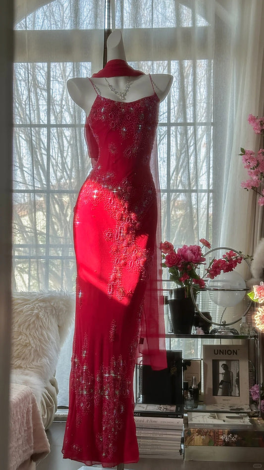 Red Romantic Gorgeous Fashion Elegant Exquisite Beaded Long Chiffon Ball Gown Evening Dress Birthday/Wedding Guest/Vacation Party Dress Prom Dress Valentine's Day Date Dress gh4027