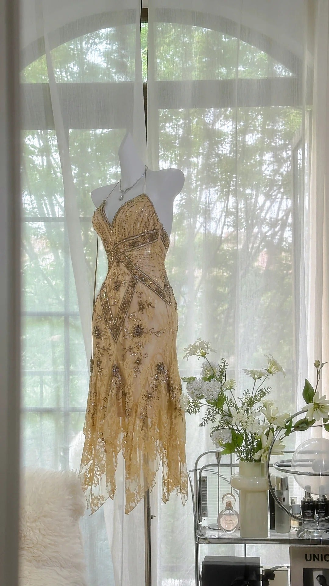 Hellgelb braun wunderschönes und elegantes Vintage exquisites Perlen langes Chiffon-Spitzenballkleid Abendkleid Geburtstagspartykleid Abschlussballkleid gh3950