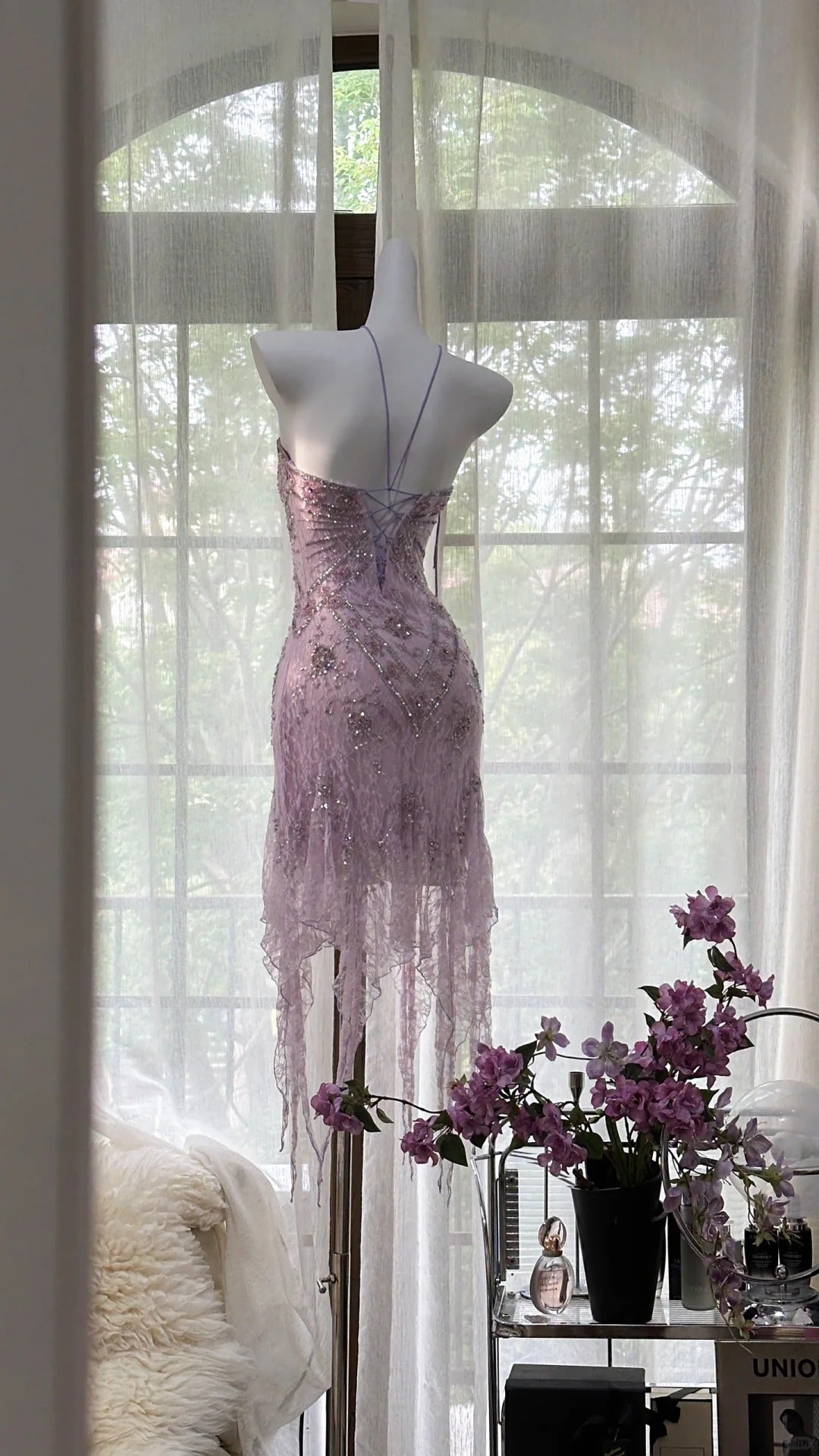 Lila, wunderschön, exquisite Perlenspitze, langes Chiffon-Heimkehrkleid, Ballkleid, Abendkleid, Hochzeitspartykleid, Abschlussballkleid, Datumskleid, gh3988
