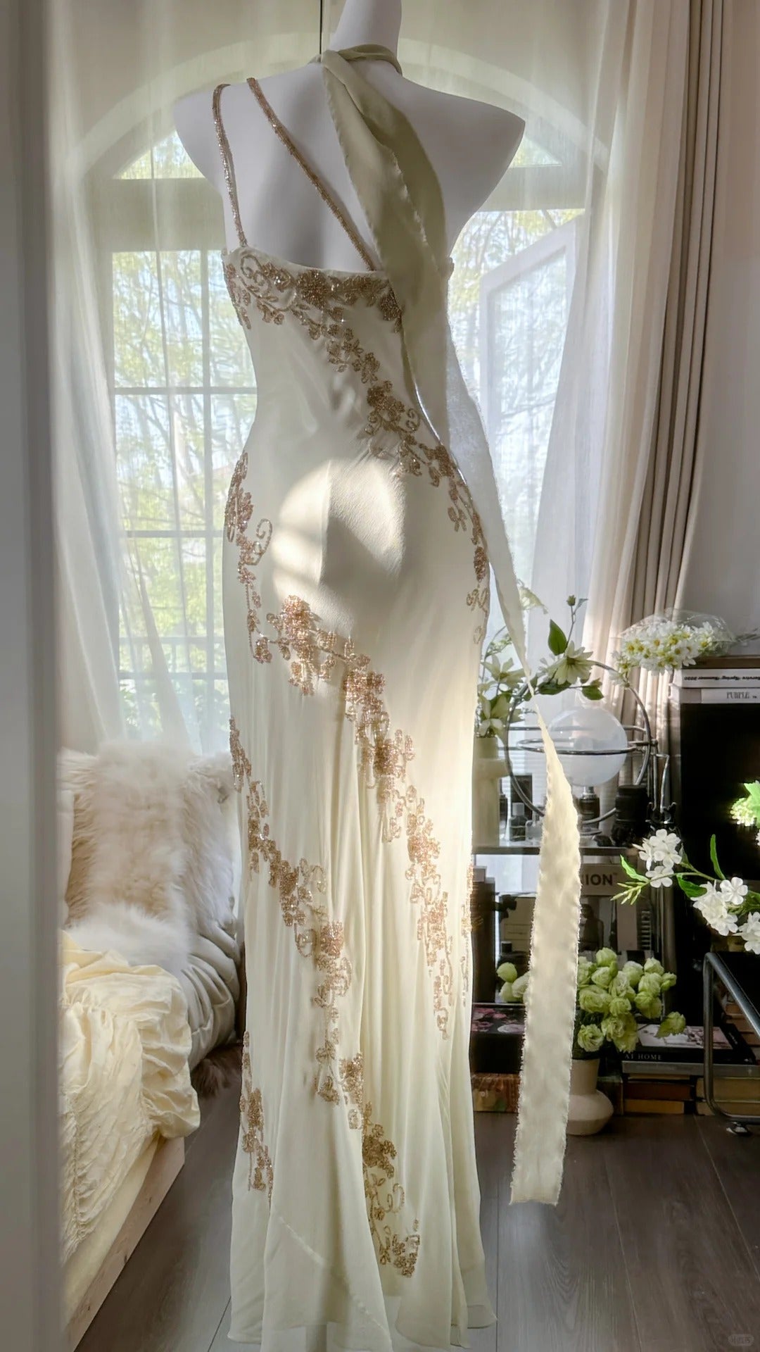 Elfenbein/Grün Vintage Fashion One Shoulder Exquisite Perlen Langes Chiffon Ballkleid Geburtstagspartykleid Cocktailpartykleid Abendkleid Ballkleid gh3971