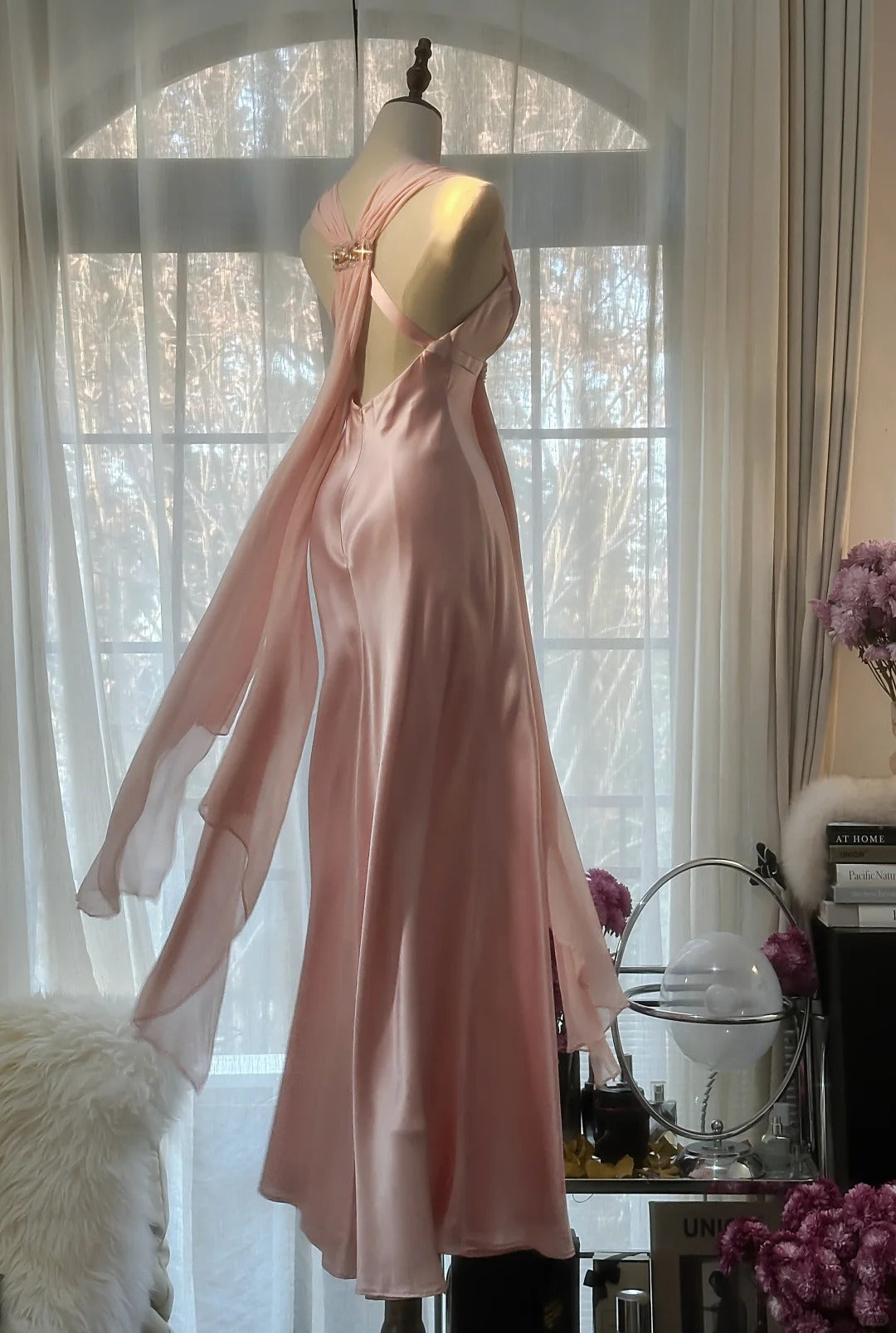 Rosa Elegante Exquisite Strass Lange Satin Chiffon Ballkleid Abendkleid Partykleid Geburtstagskleid Date Kleid gh4163