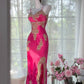 Rosa geblümtes Ballkleid, lang, Satin, Date-Kleid, Abendkleid, Geburtstagskleid, Hochzeitskleid, gh4533