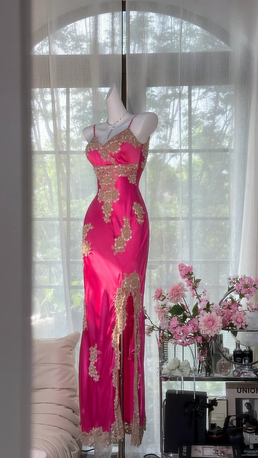 Rosa geblümtes Ballkleid, lang, Satin, Date-Kleid, Abendkleid, Geburtstagskleid, Hochzeitskleid, gh4533