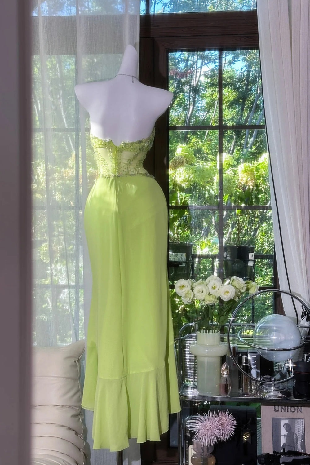 Grünes romantisches Feenkleid aus Chiffon mit exquisiter Perlenverzierung, langes Date-Kleid, Partykleid gh6910