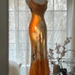Robe de soirée longue en satin et mousseline de soie, motif floral délicat, orange, bretelles spaghetti, gh4093