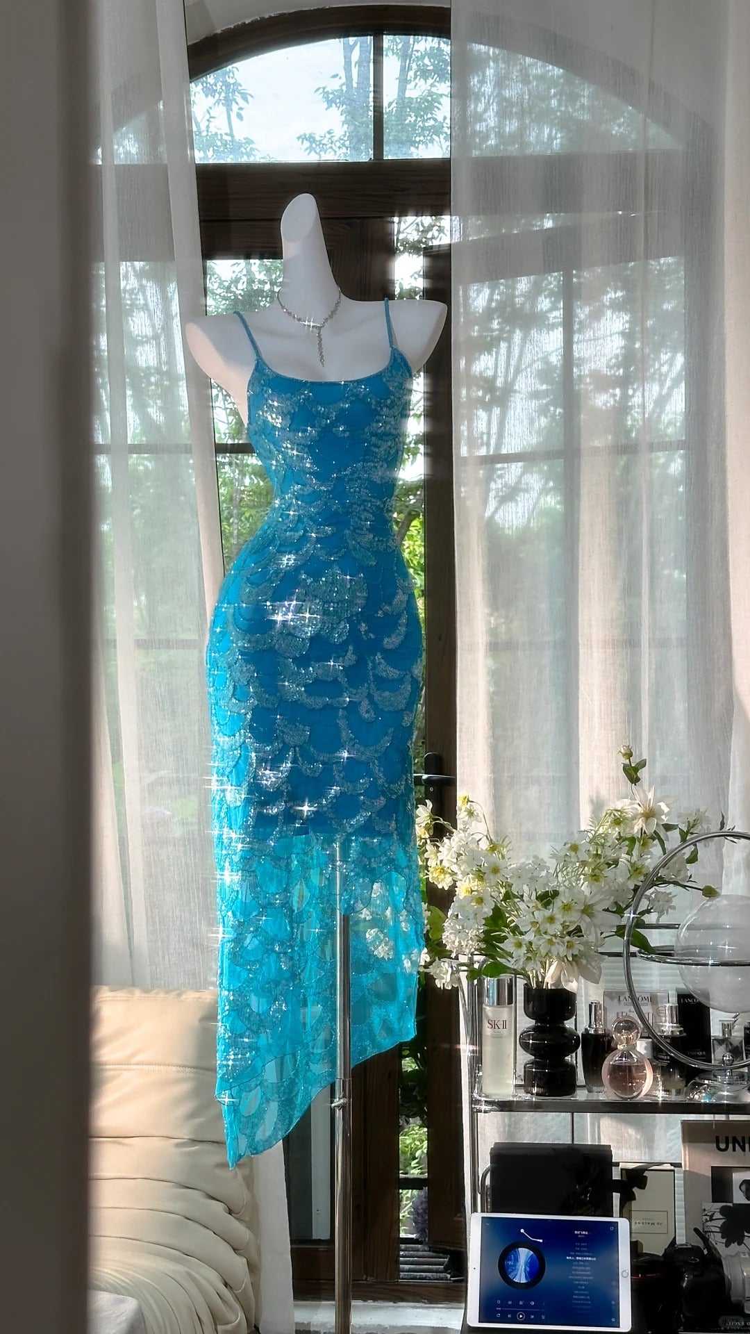 Blaues funkelndes Ballkleid, langes Chiffon-Ballkleid, Abendkleid, Geburtstagskleid, Hochzeitskleid, gh4528