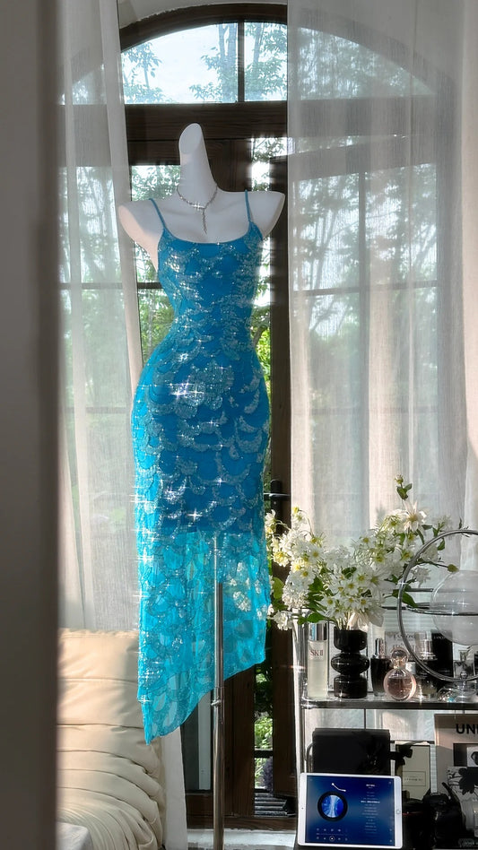 Blaues funkelndes Ballkleid, langes Chiffon-Ballkleid, Abendkleid, Geburtstagskleid, Hochzeitskleid, gh4528