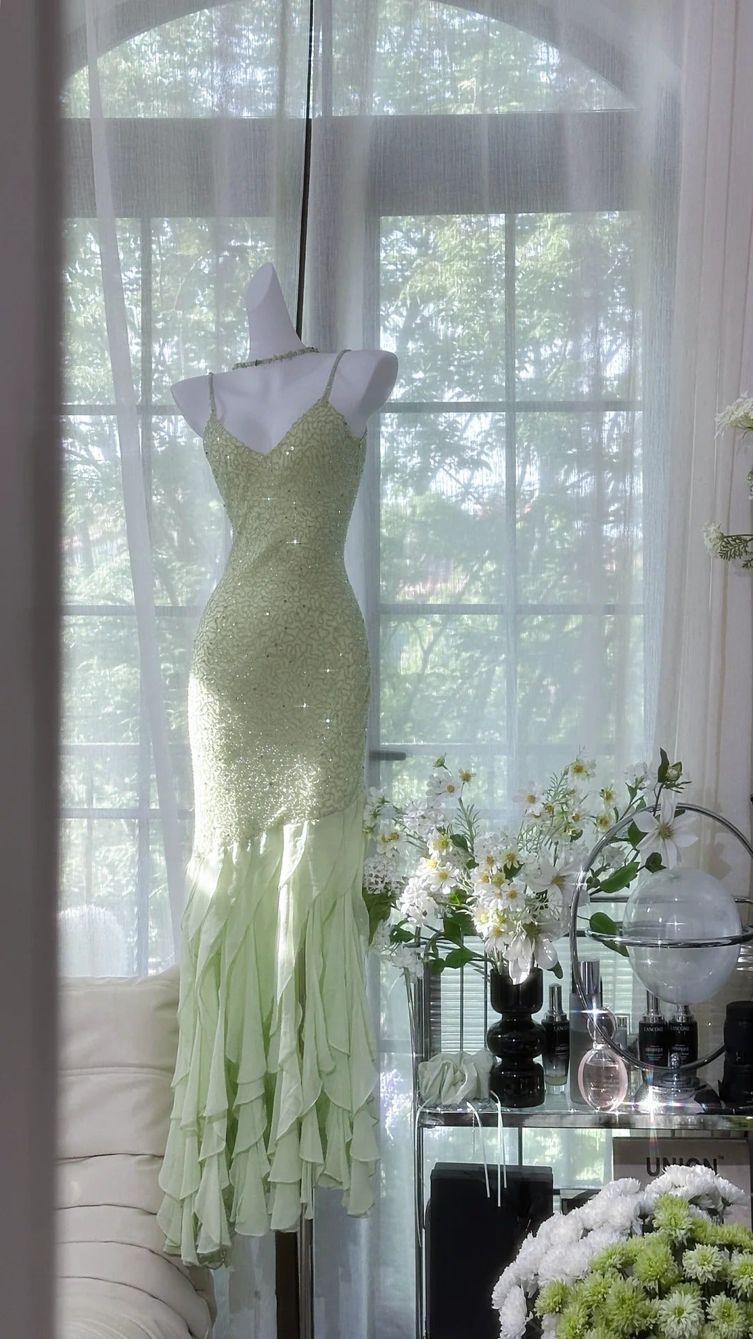Grünes glänzendes Rüschen-langes Pailletten-Ballkleid-Abendkleid-Partykleid gh4319