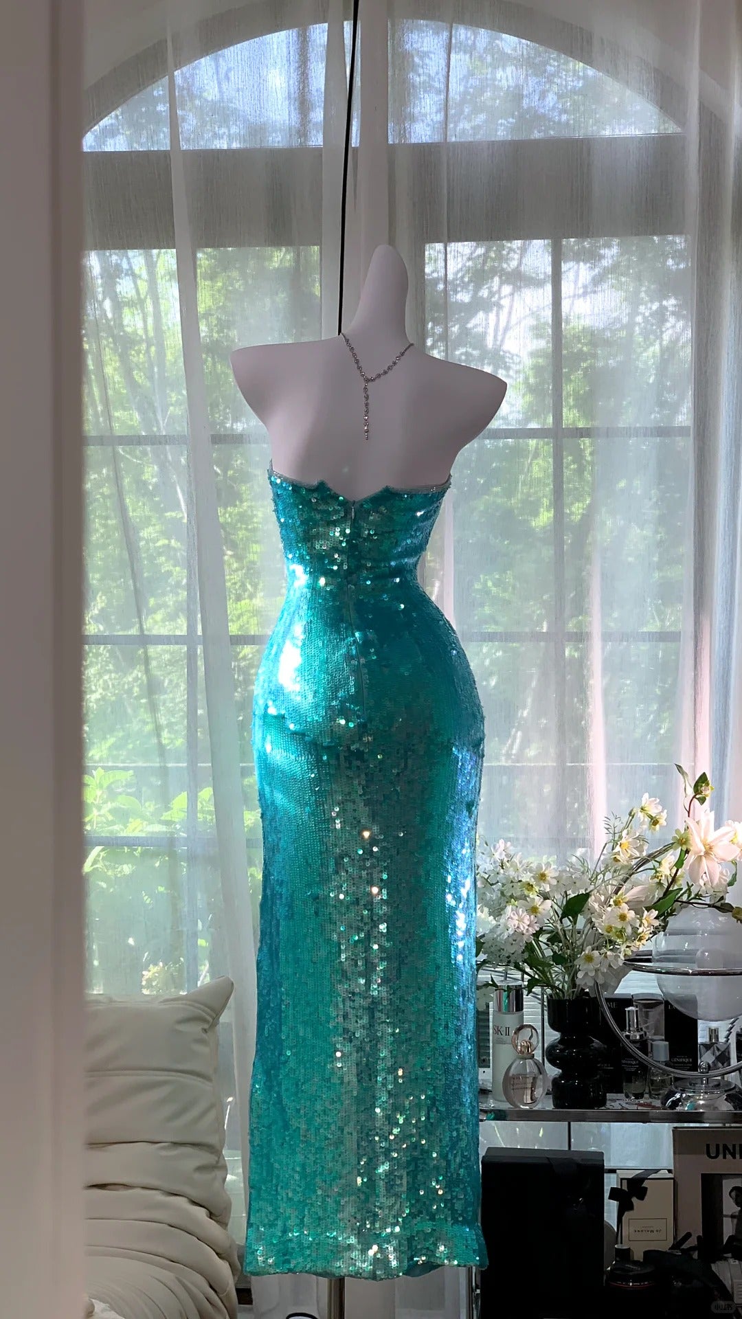 Girlhomeshops - Robe de soirée longue bleu émeraude à paillettes brillantes gh5078