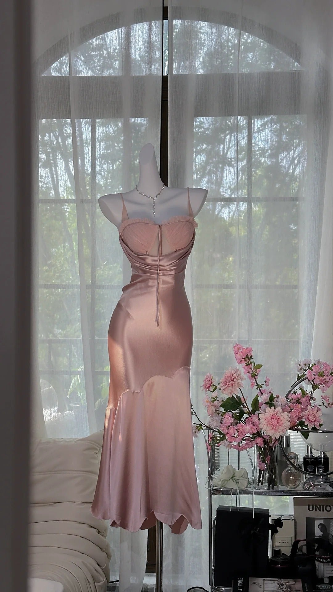 Robe de soirée longue en satin rose, élégante et romantique, sexy, gh4401