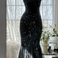 Schwarzes, glänzendes, luxuriöses, wunderschönes, exquisites, perlenbesetztes, langes Meerjungfrauenkleid aus Chiffon, Feenballkleid, Abendkleid, Hochzeitsgast, Partykleid, Ballkleid, Verabredungskleid, Abschlussballkleid, gh3992
