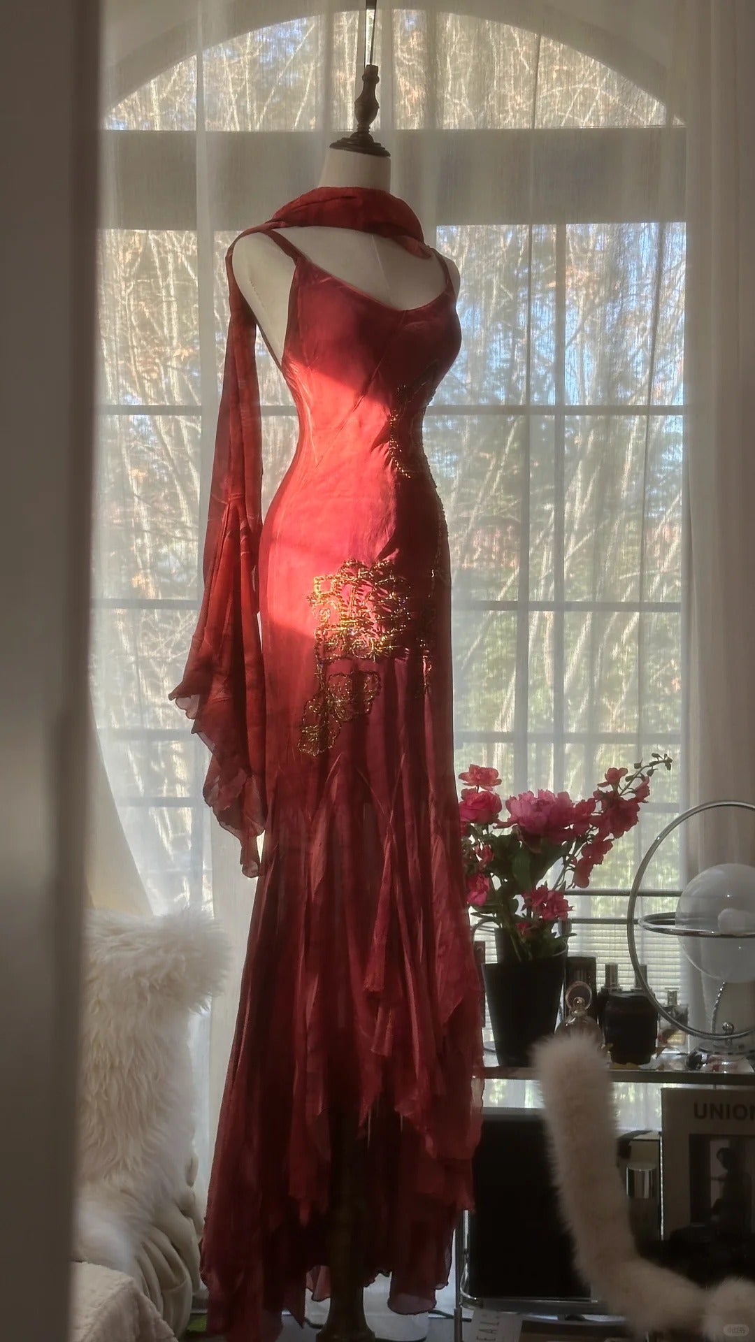 Rot Romantisch Mode Elegant Exquisite Lotus Gold Perlen Lang Chiffon Fischschwanz Rock Meerjungfrau Schlank Ballkleid Abendkleid Geburtstag/Hochzeitsgast/Urlaub Partykleid Ballkleid Valentinstag Date Kleid gh4029
