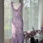 Girlhomeshops - Lila Blumenmuster Elegantes Langes Chiffon Ballkleid Abendkleid Partykleid Date Kleid gh5080