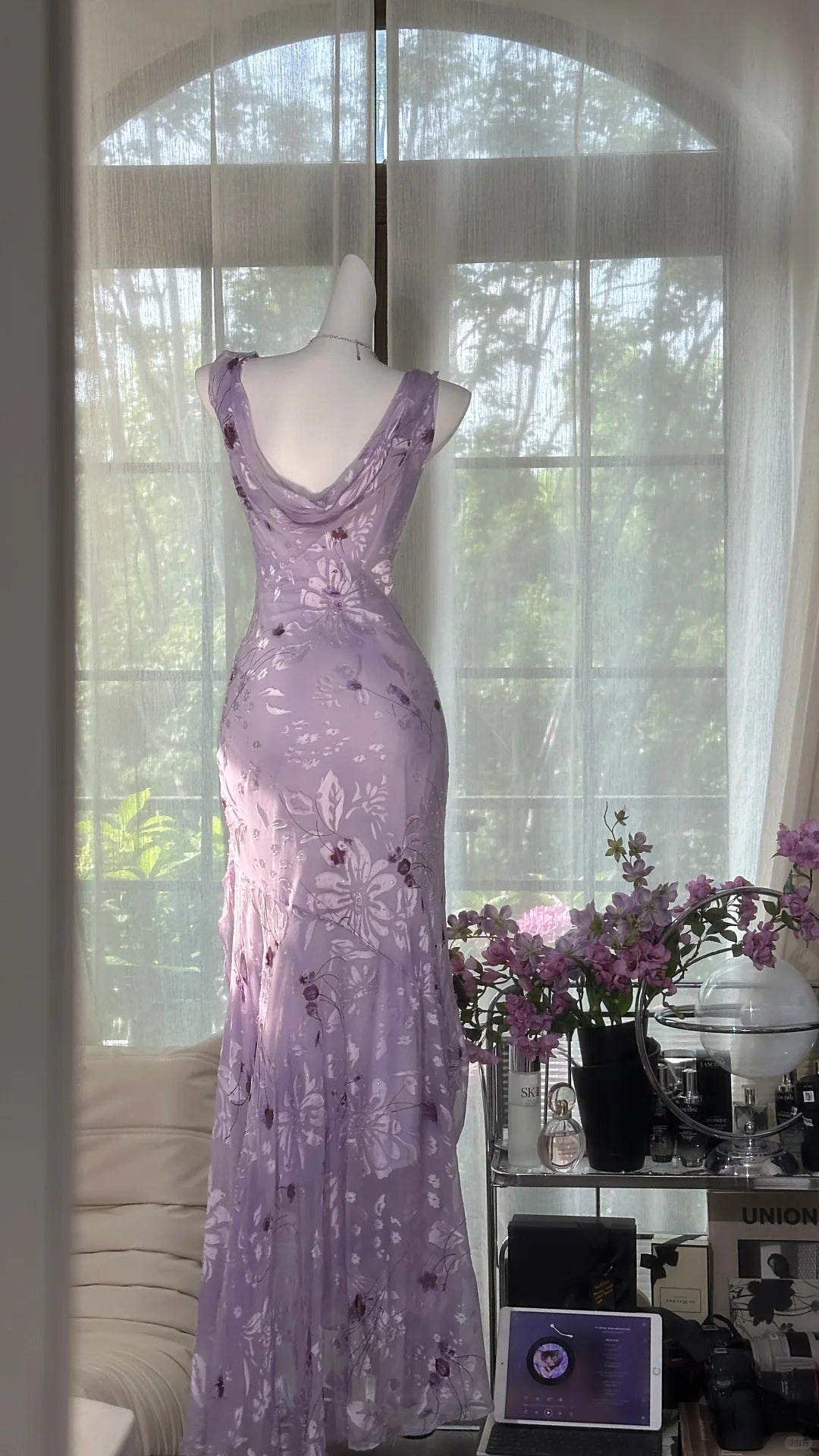 Girlhomeshops - Lila Blumenmuster Elegantes Langes Chiffon Ballkleid Abendkleid Partykleid Date Kleid gh5080