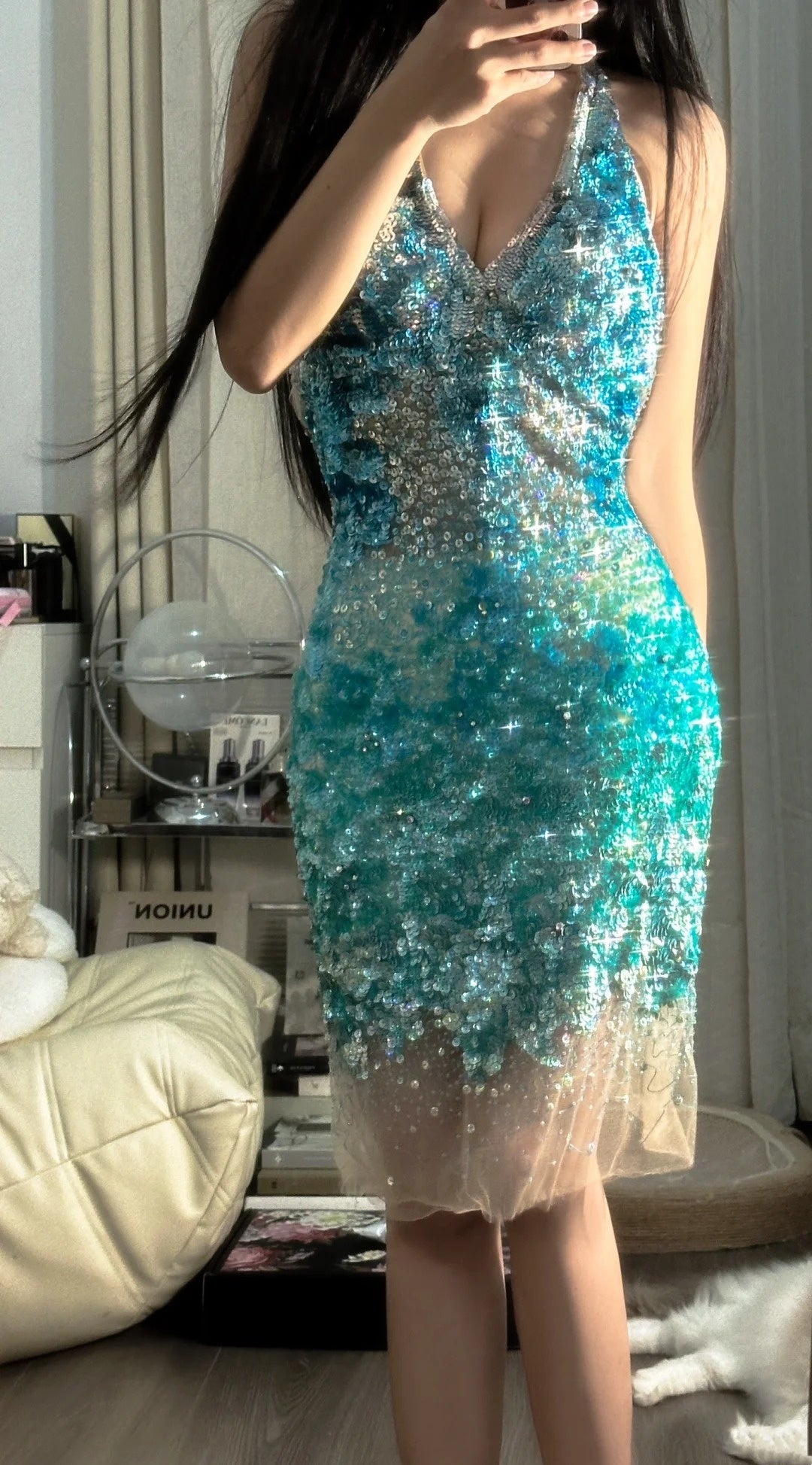girlhomeshops-Teal-Green Gradient Paquin Halter-Neck Deep V Short Fashion Party Gown gh6380