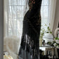 Robe de soirée longue en mousseline de soie noire, style vintage, délicate, à fleurs, avec pompons et perles, pour fête d'anniversaire, bal, gh3972