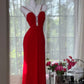 Rotes langes Satin-Ballkleid mit Strasssteinen, Abendkleid, Partykleid, Date-Kleid, Ballkleid gh4679