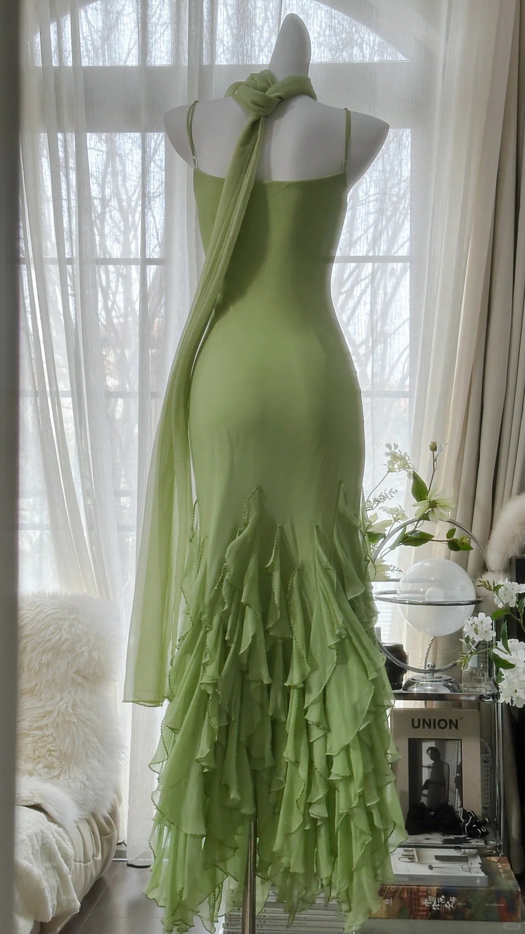 Grünes stilvolles elegantes Spaghettiträger-Lang-Rüschen-Meerjungfrauen-Slim-Fit-Chiffon-Ballkleid-Geburtstags-Partykleid-Abendkleid-Abschlussballkleid gh3976