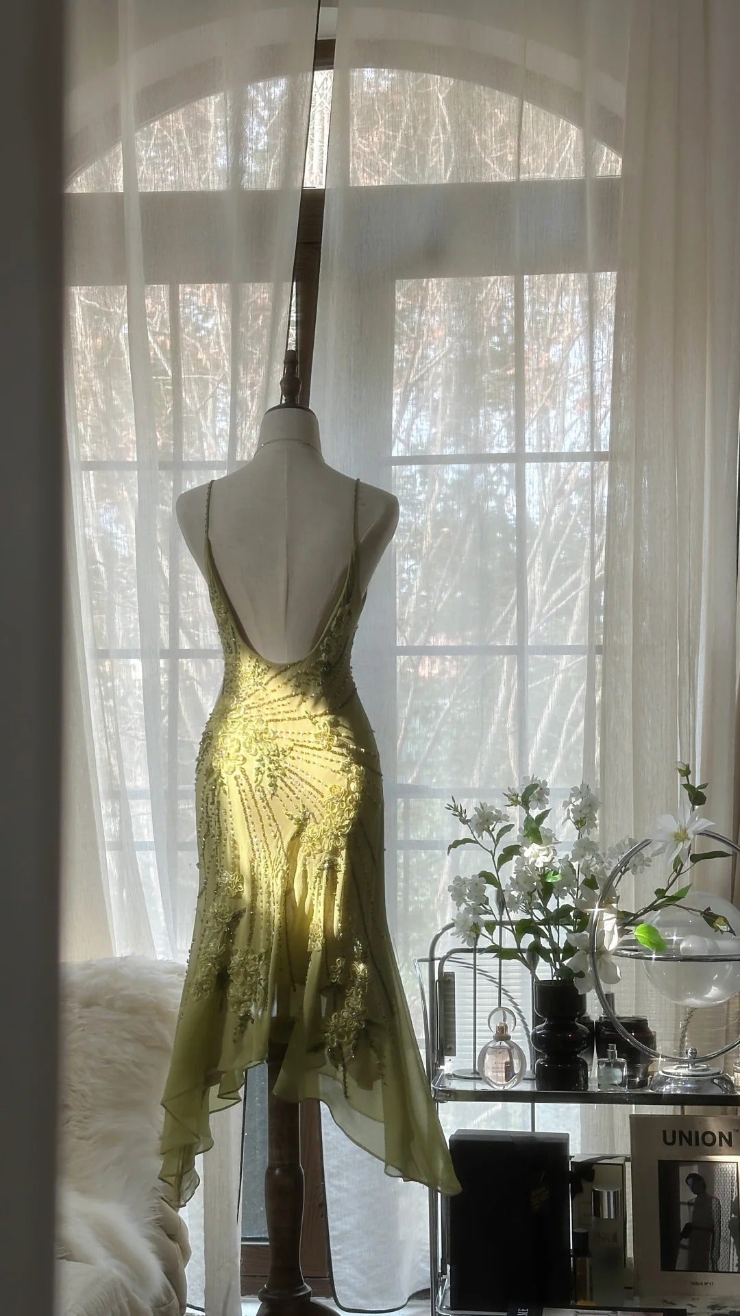 Grün Romantisch Mode Elegant Zarte Blumenapplikation Perlen Spaghettiträger Midi/Kurz Chiffon Rüschen Ballkleid Abendkleid Partykleid gh4060