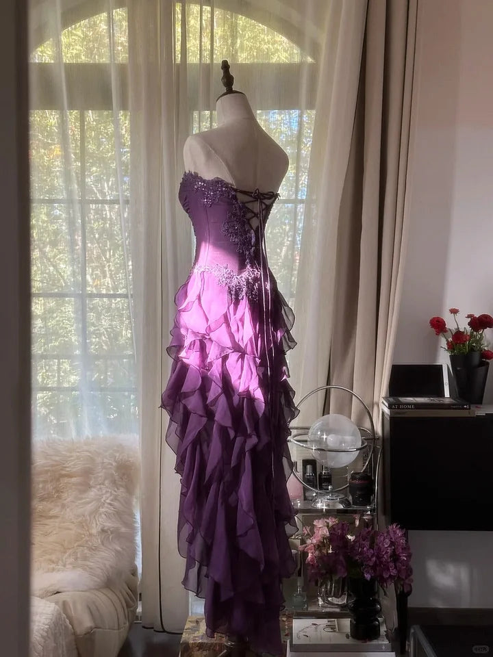 Robe de soirée longue et élégante en mousseline de soie, à volants, violette, romantique, sans manches, pour fête d'anniversaire, gh4270
