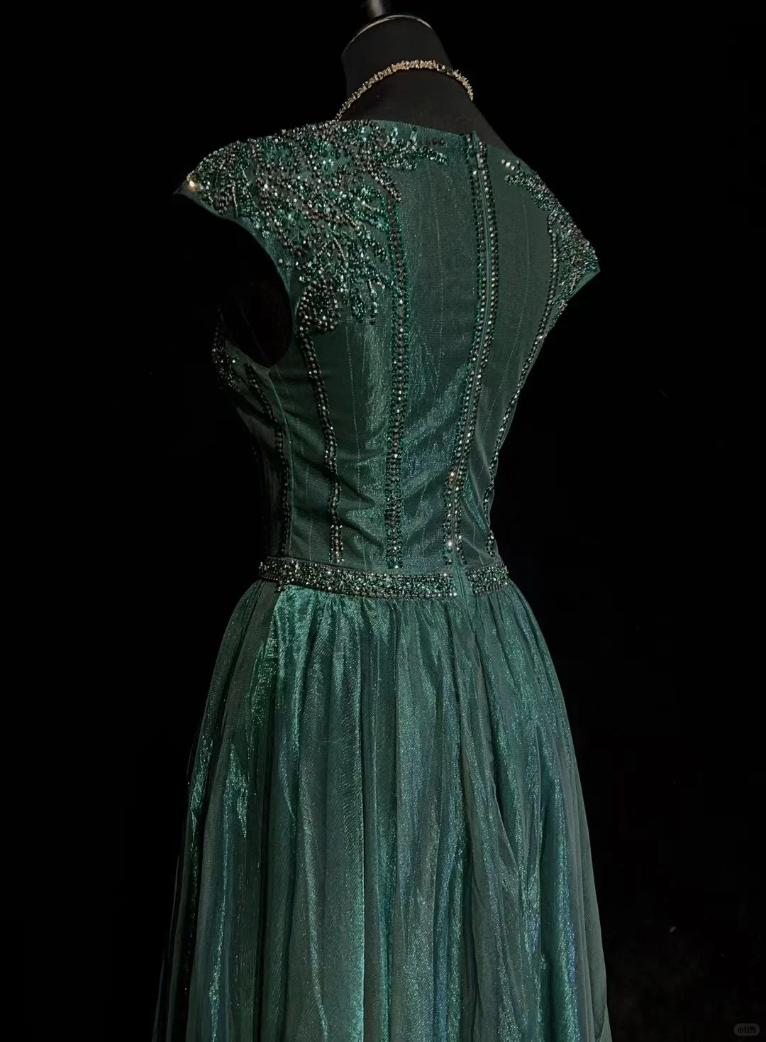 ✨Girlhomeshops-Dark Green Cap Sleeve Beaded Rhinestone A-Line Gown Shimmer Tulle gh10147