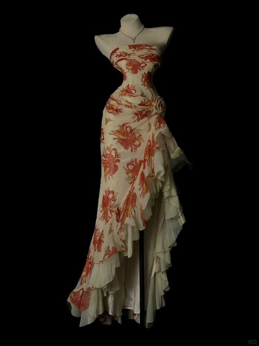 Vintage Floral Print Evening Gown, Strapless Tube Top, Fitted Waist, Side 3D Flower Decoration, Asymmetric High‑Low Hem, Ruffled Chiffon Skirt, Romantic Prom Party Dress gh8890