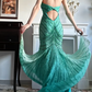 Teal Green Vintage Halter V‑Neck Prom Gown, Full‑Body Radiant Hand‑Beaded Sequin Details, Fitted Waist Bodycon Mermaid Long Skirt, Small Train, Evening Prom Dress gh8805