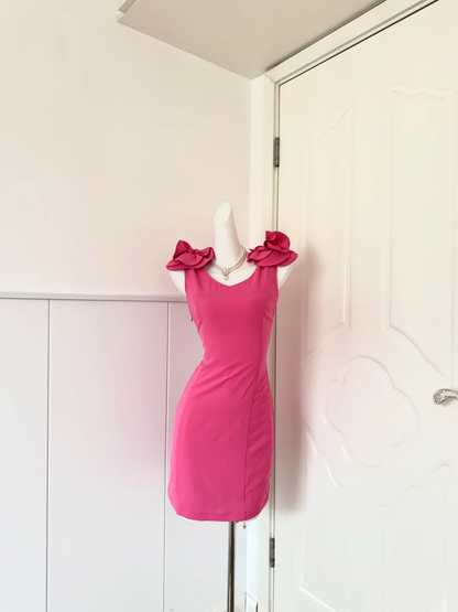 Fuchsia Short Cocktail Dress, V‑Neck With 3D Floral Shoulder Fitted Sheath Mini Homecoming Gown gh9149