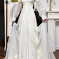 Ivory Vintage Chiffon Wedding Gown, V‑Neck Lace High Collar, Lace‑Sheer Puff Long Sleeves, Lace Appliqué Empire Waist, Draped Pleated Flowy Full Skirt, Side Lace Trim, Lace‑Edged Train, Bridal Prom Dress gh8734