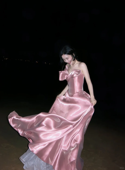 Rose Pink Stylish Strapless Fitted Waist Evening Dress, Fairy Gown, Romantic Gown gh7372