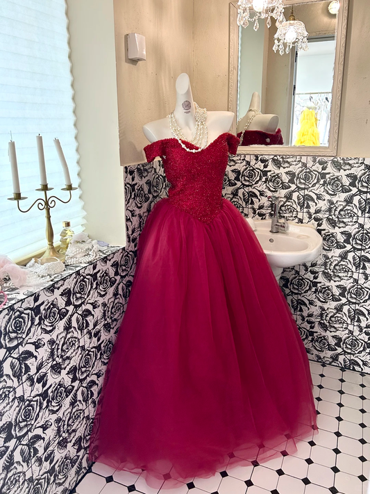 Red Off-the-Shoulder Rhinestone Cinched Waist Voluminous Skirt Long Romantic Dress, Wedding Gown gh7808