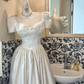 White Square Neck Puff Sleeve Waist-Cinched Full Flared Long Vintage Romantic Dress, Wedding Gown gh7507