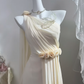 Cream White Long Greek Style Evening Gown, One Shoulder Draped Chiffon Dress With 3D Floral Appliques, Floor Length Formal Party Gown gh9270