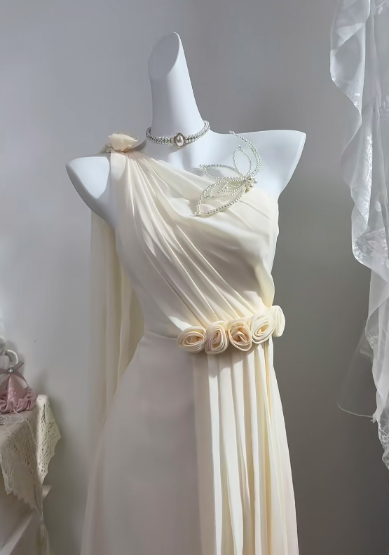 Cream White Long Greek Style Evening Gown, One Shoulder Draped Chiffon Dress With 3D Floral Appliques, Floor Length Formal Party Gown gh9270
