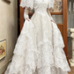 Ivory Vintage Lace Ball Gown Wedding Prom Dress, Mock Two‑Piece Lace High Neck V‑Neck, Lace Puff Cape Sleeves, Multi‑Tier Lace Long Train gh8699