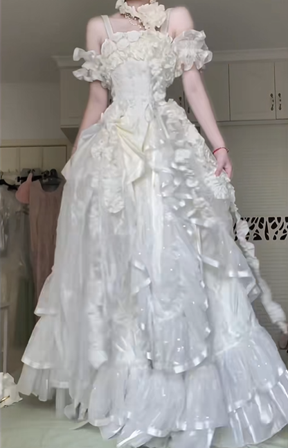 Off‑White Square Neck Off‑the‑Shoulder Evening Gown, 3D Floral Ruffled Tulle Floor‑Length Wedding Prom Dress gh9051