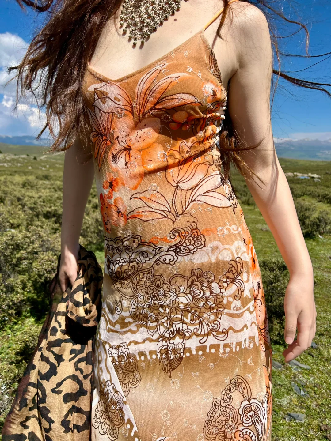 Light Orange Sexy Vintage Ombre Print Spaghetti Strap Fitted Waist Slim Prom & Evening Party Dress gh8457
