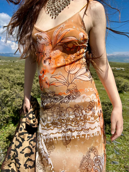 Light Orange Sexy Vintage Ombre Print Spaghetti Strap Fitted Waist Slim Prom & Evening Party Dress gh8457