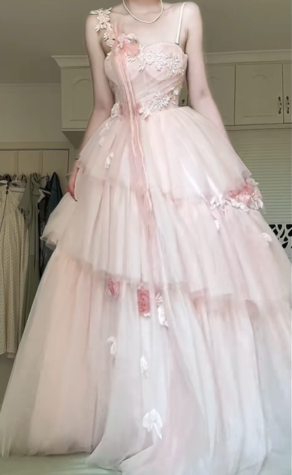Light Pink Asymmetrical One‑Shoulder Prom Gown, Lace 3D Floral Tiered Cake Tulle A‑Line Floor‑Length Evening Dress gh9058