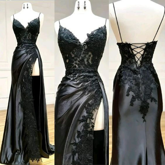 Black elegant sexy spaghetti straps applique side slits long lace evening gown ball gown gh2611