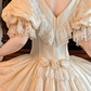 Off‑White Puff Sleeve Fitted Waist Vintage Palace‑Style Full Flared Skirt Long Prom Gown, Wedding Dress gh8607