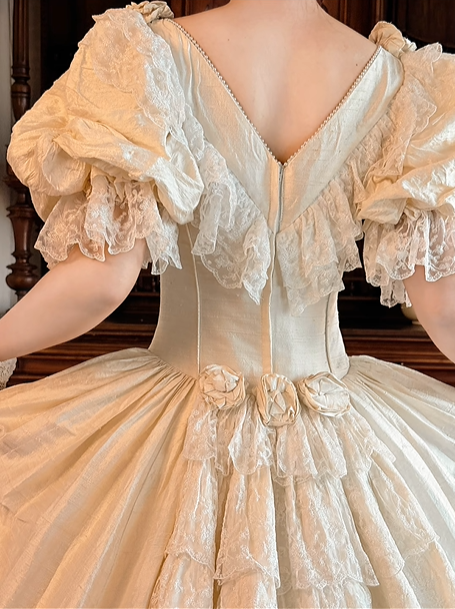 Off‑White Puff Sleeve Fitted Waist Vintage Palace‑Style Full Flared Skirt Long Prom Gown, Wedding Dress gh8607